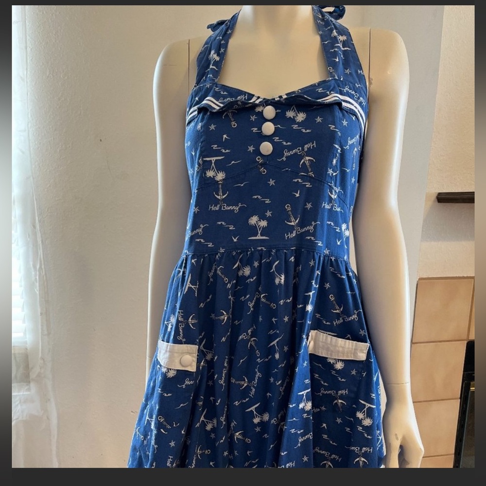 Hell Bunny Vixen Avast Blue Nautical Salor 50"s Vintage Dress Size M